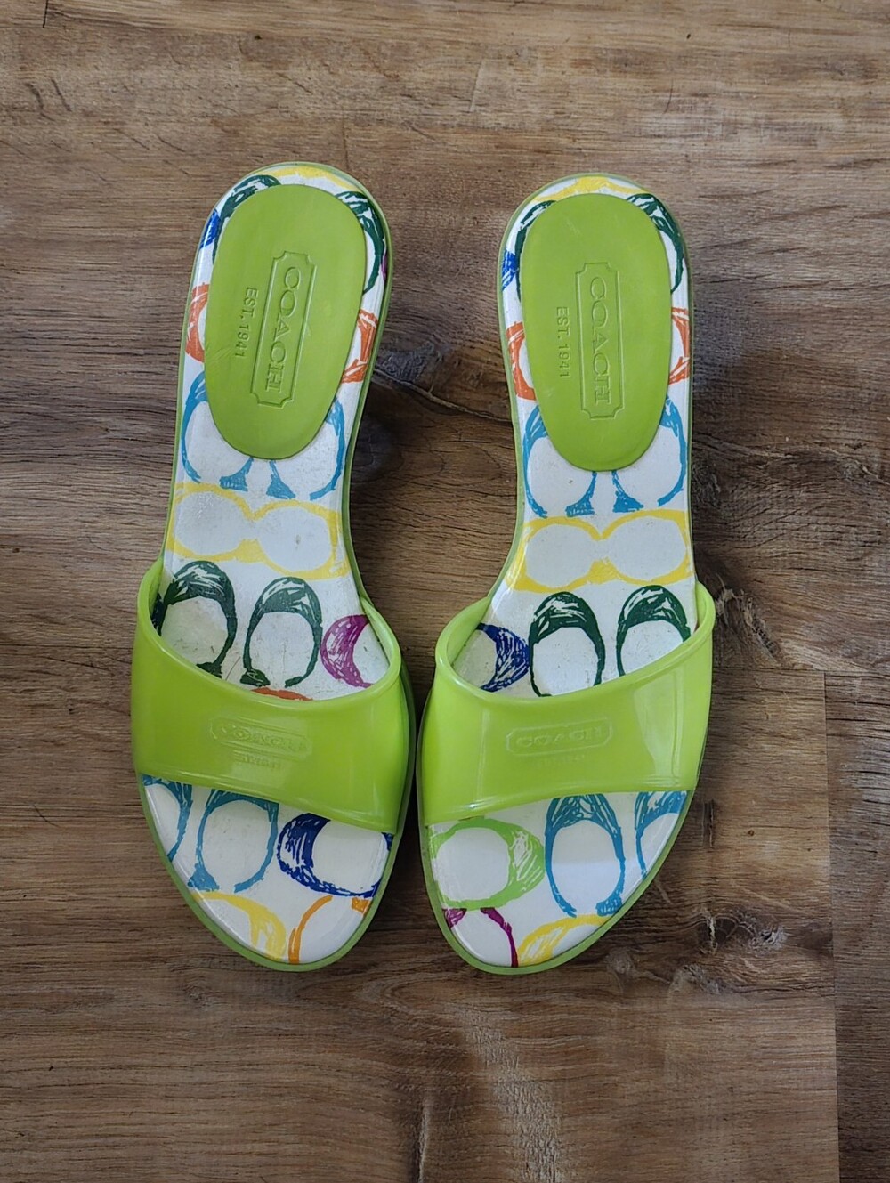 Coach Lime Green Slide Sandals with Multicolor Printed Insole - Picture 3 of 3